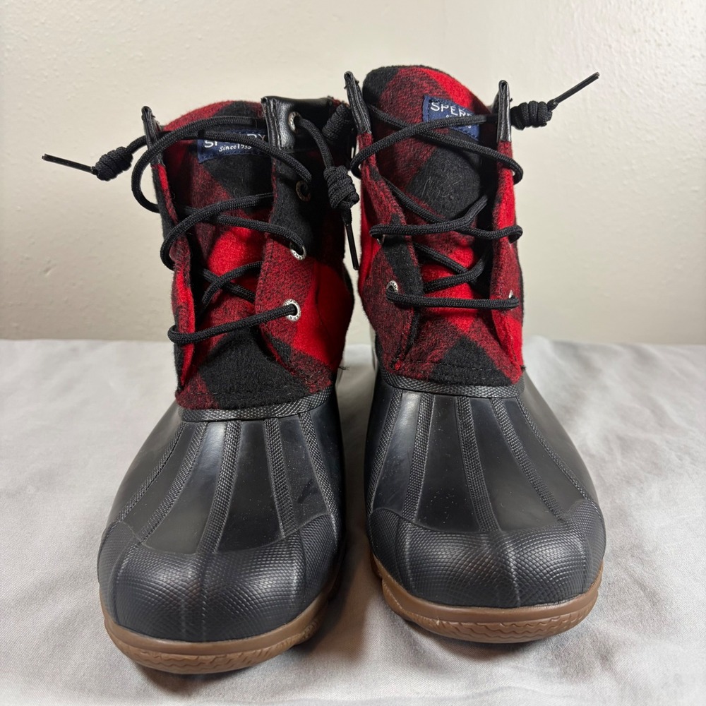 Sperry Saltwater Buffalo Plaid Duck Boots Red Black Wool Waterproof‎ STS85076 8M